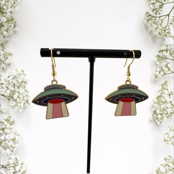 UFO Enamel Earrings Gold Plated Fish Hook Ear Wires Spaceship Earrings - Picture 6 of 10